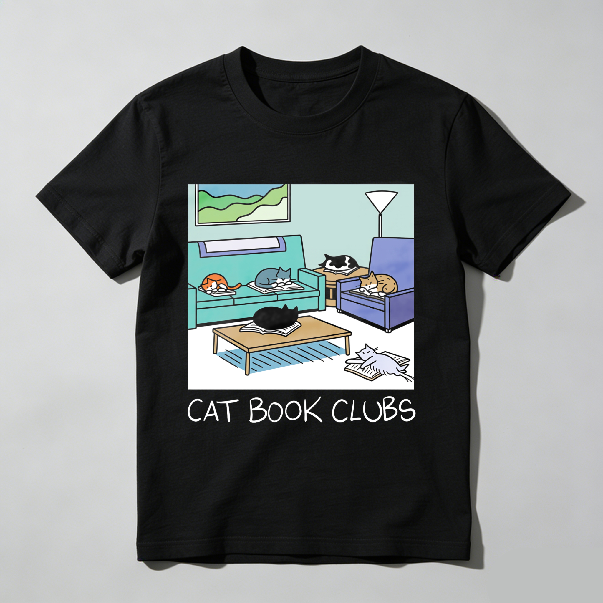 Wardrobecart Cat Book Clubs Cozy Living Room Scene Tshirt
