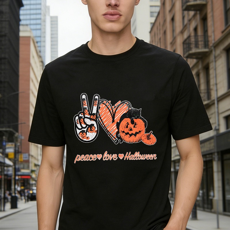Peace Love Halloween Pumpkin Cat Heart Hand Sign Unisex Classic T-shirt