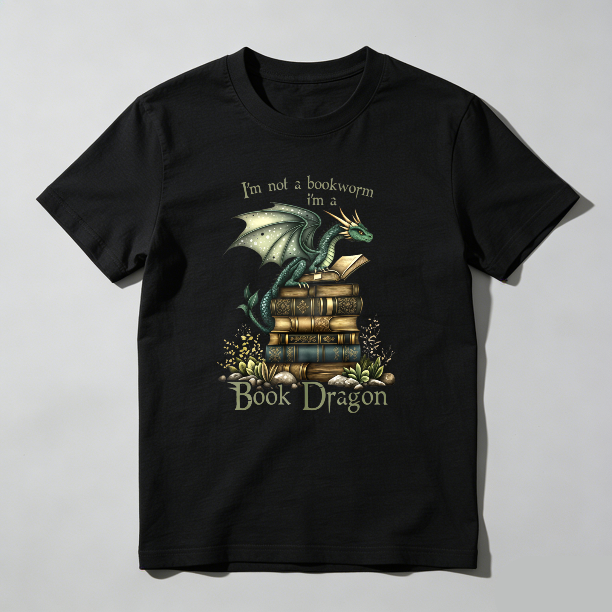 Wardrobecart Dragon Perched On Books With Text Above And Below Tshirt