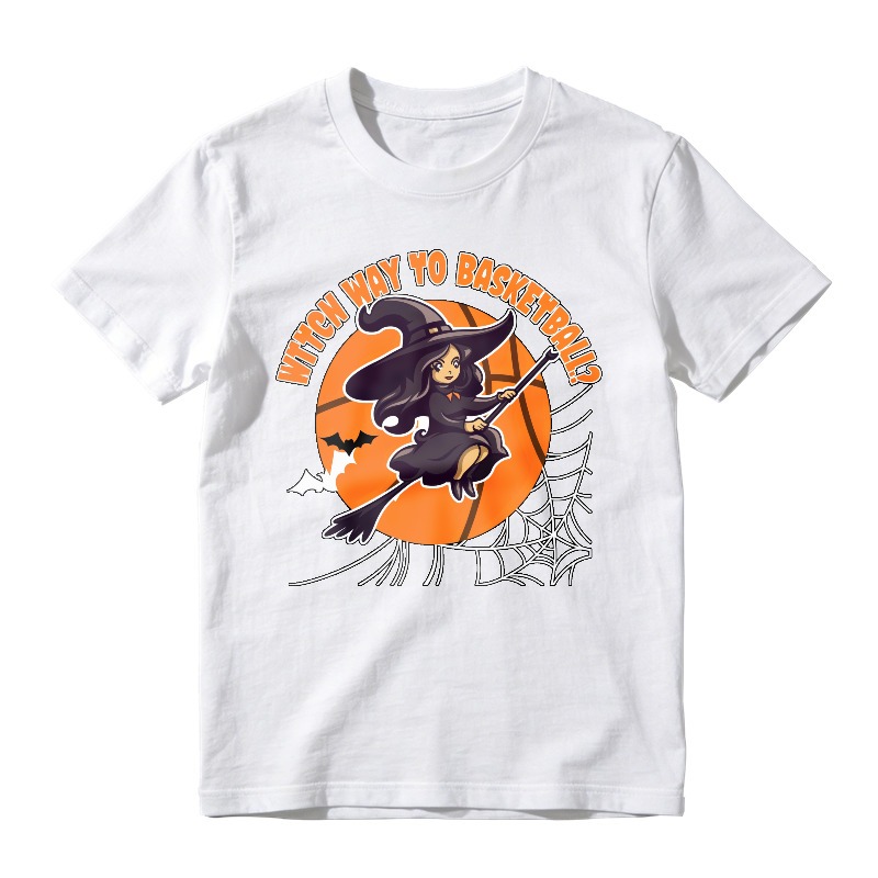 Witch Way To Basketball Halloween Witch Flying On Broomstick Over Orange Moon With Spiderweb And Bats Unisex Classic T-shirt