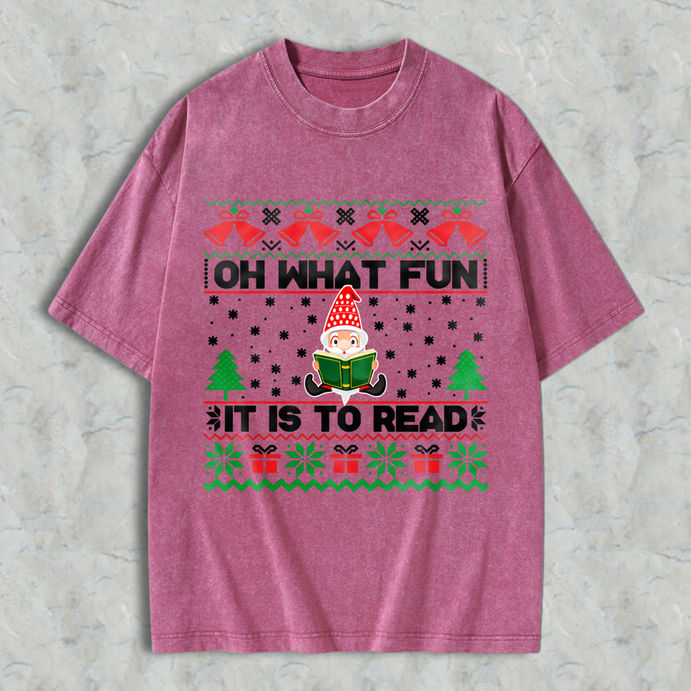 Wardrobecart Christmas Elf Reading Book With Trees And Gifts Pattern Unisex Washed T-shirt