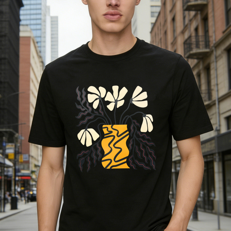 Abstract Yellow Vase With White Flowers And Roots, Unisex Classic T-shirt