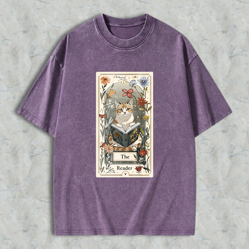 Wardrobecart Cat Reading Book Floral Tarot Card Design Unisex Washed T-shirt