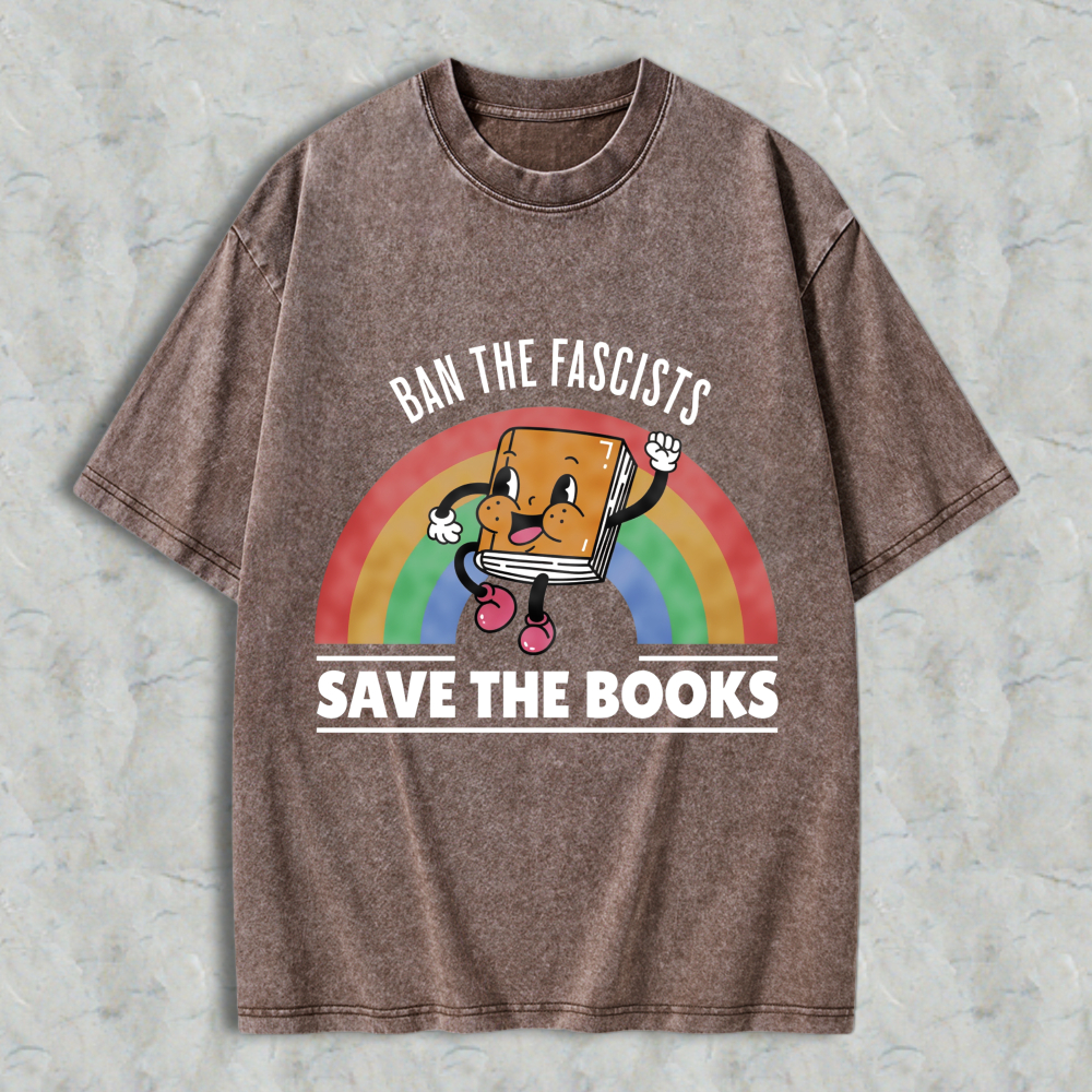 Wardrobecart Ban The Fascists Save The Books Book Character Rainbow Design Unisex Washed T-shirt