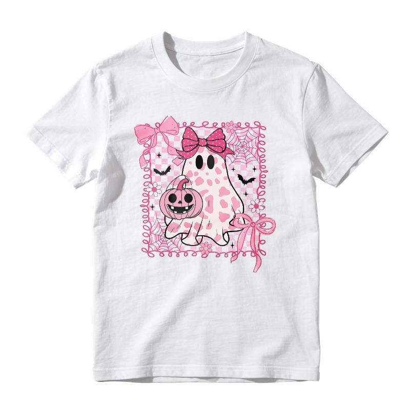 Cute Pink Ghost Holding Pumpkin With Bows And Bats Halloween Design, Unisex Classic T-shirt