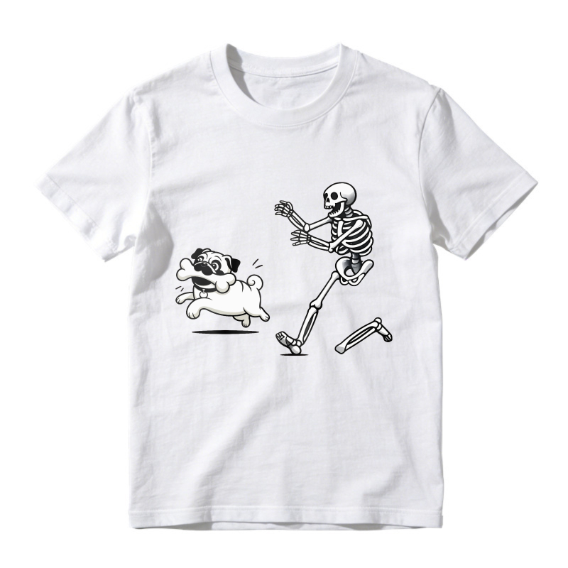 Funny Skeleton Running Away From Pug Dog, Unisex Classic T-shirt