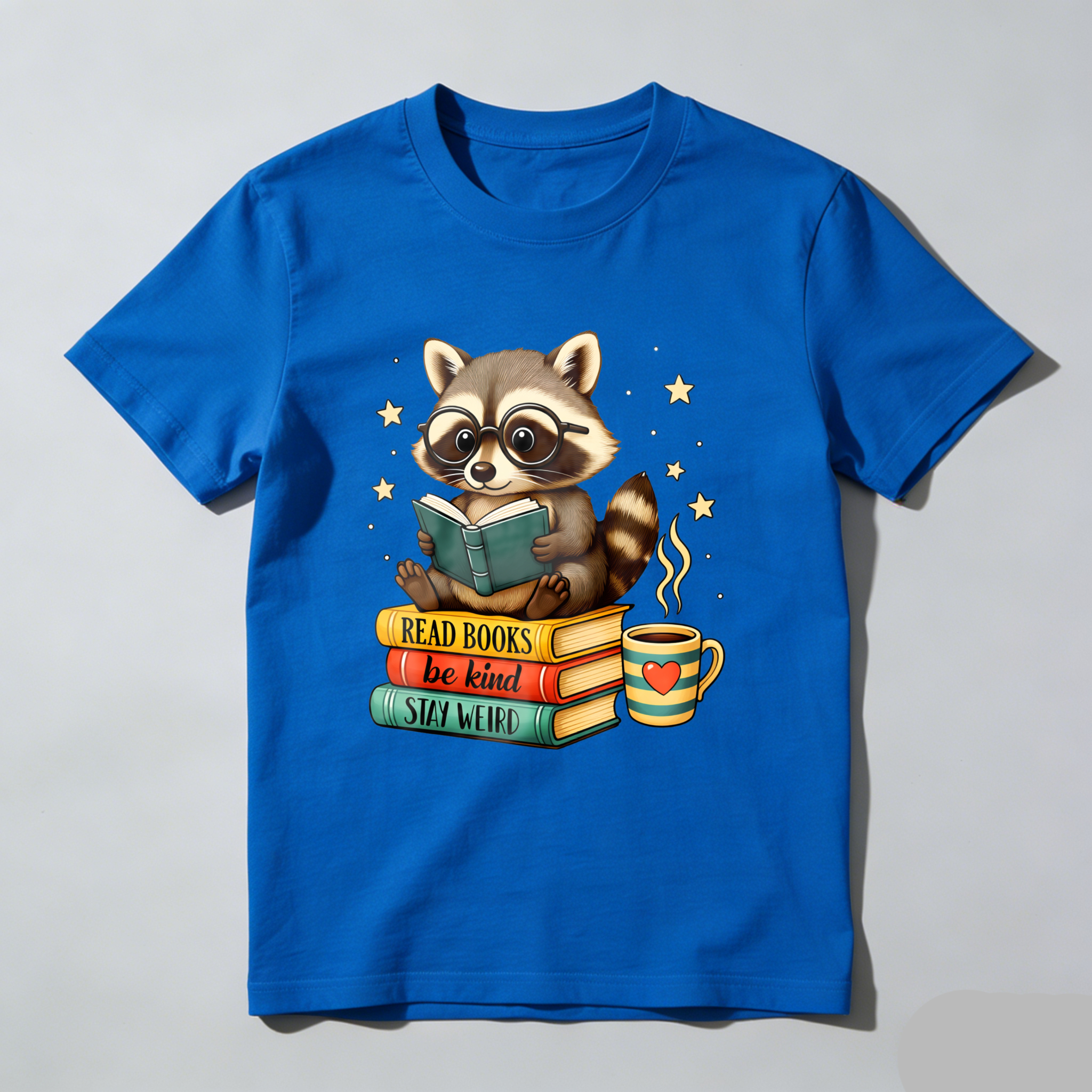 Wardrobecart Raccoon Reading Books With Coffee And Stars Tshirt
