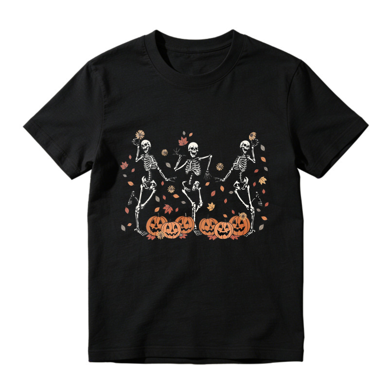 Halloween Skeletons Dancing With Pumpkins And Autumn Leaves Unisex Classic T-shirt