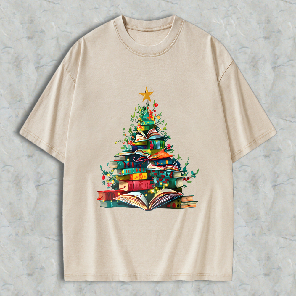 Wardrobecart Book Christmas Tree Design Unisex Washed T-shirt