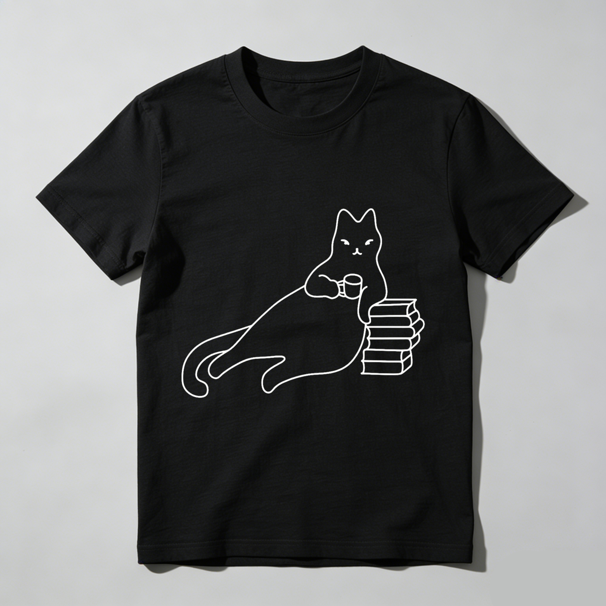 Wardrobecart Cat Holding Book Stack With Coffee Cup Tshirt