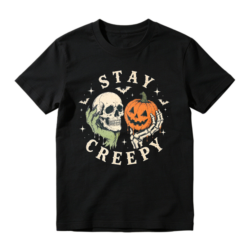 Stay Creepy Skeleton Hand Holding Pumpkin Halloween Graphic, Unisex Classic T-shirt
