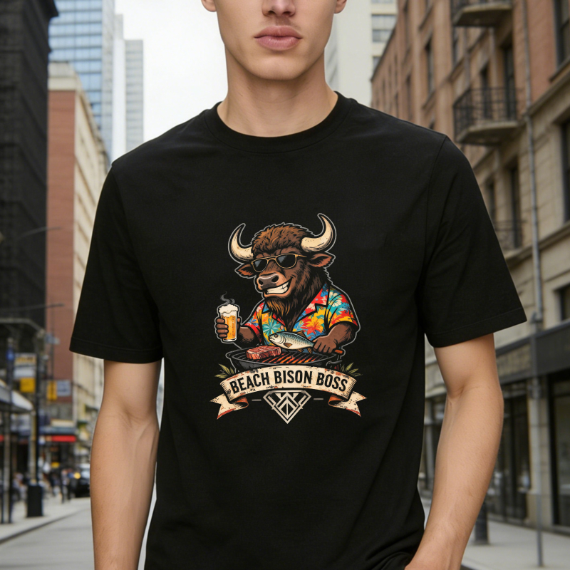 Beach Bison Boss Surfing Buffalo With Drink And Fish Unisex Classic T-shirt