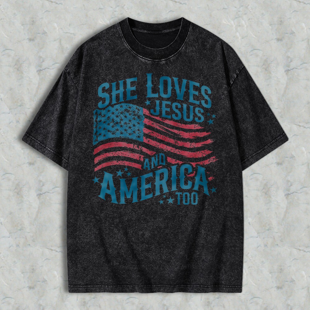 She Loves Jesus And America Too American Flag Design Washed T-shirt