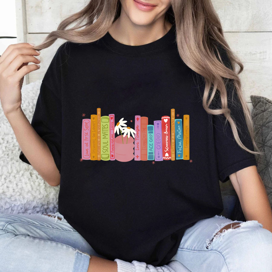 Wardrobecart Colorful Bookshelf With Potted Plant Tshirt