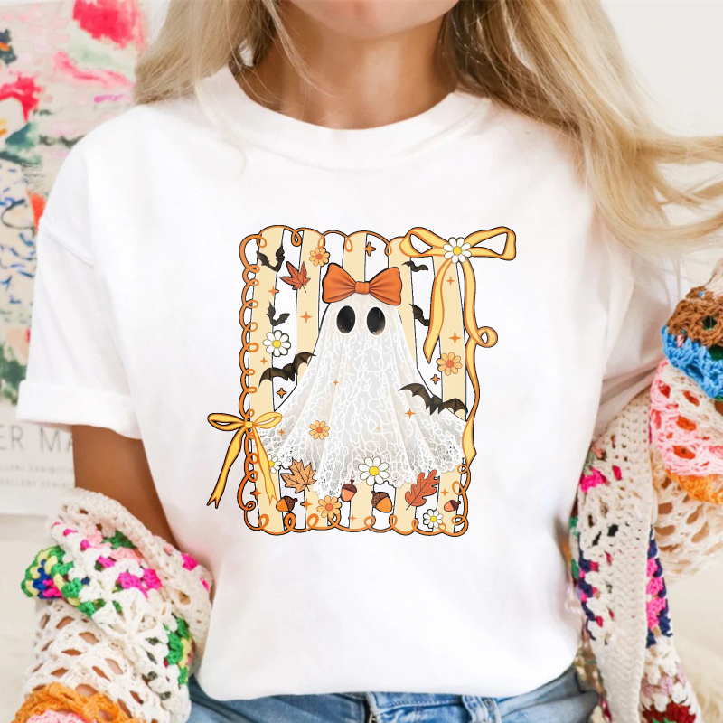 Cute Ghost With Orange Bow And Autumn Leaves Frame, Unisex Classic T-shirt