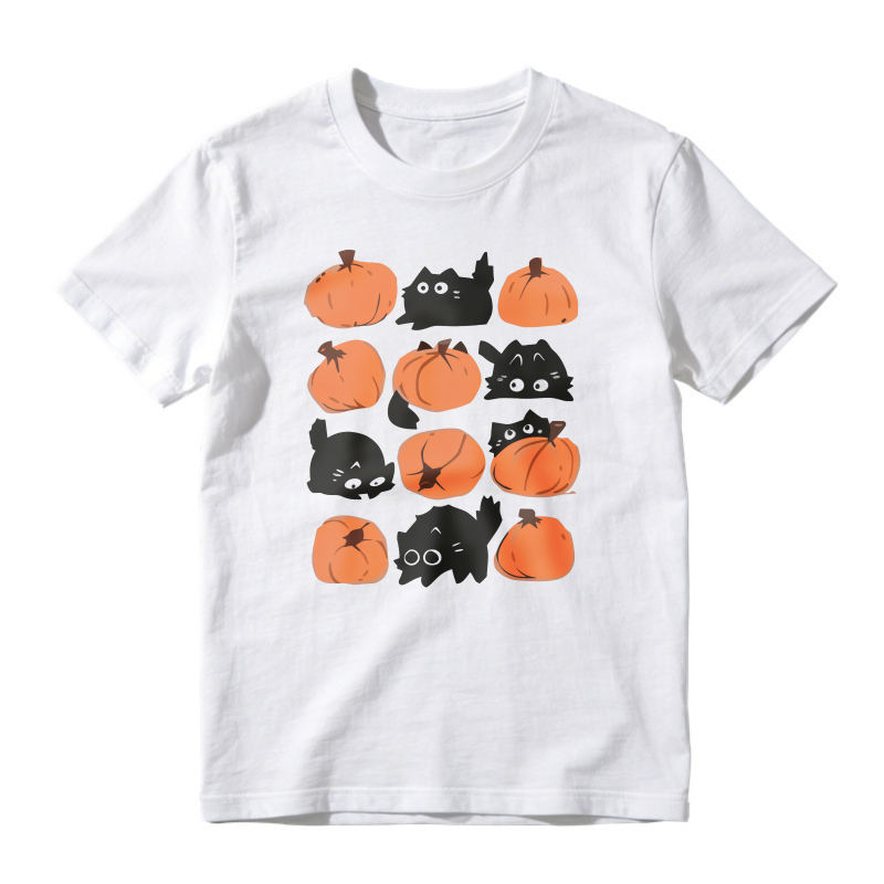 Cute Black Cats And Orange Pumpkins Grid Pattern, Unisex Classic T-shirt