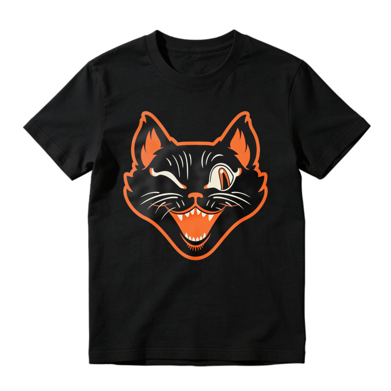 Winking Black Cat Face With Orange Outline And Sharp Teeth, Unisex Classic T-shirt