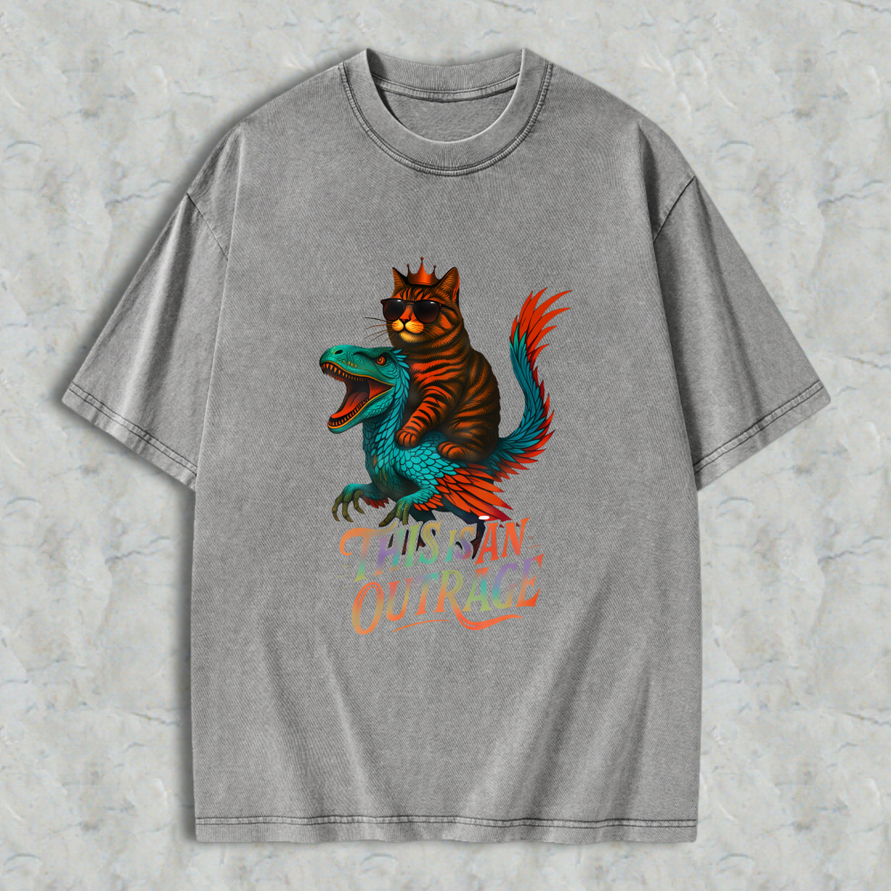 Wardrobecart Cat Riding Dragon This Is An Outrage Unisex Washed T-shirt