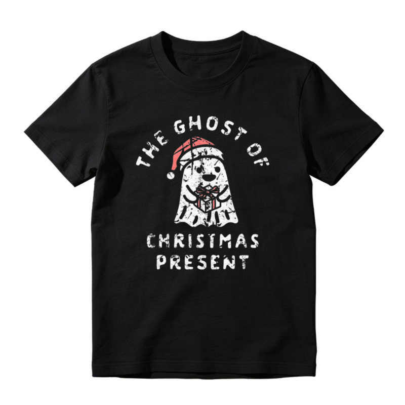 The Ghost Of Christmas Present Funny Dog Wearing Santa Hat Holding Gift Box Graphic T-shirt