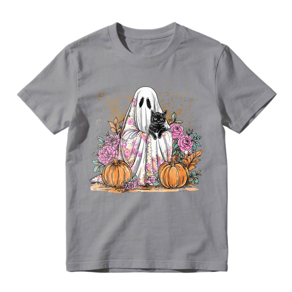 Ghost Holding Black Cat With Pumpkins And Roses, Unisex Classic T-shirt