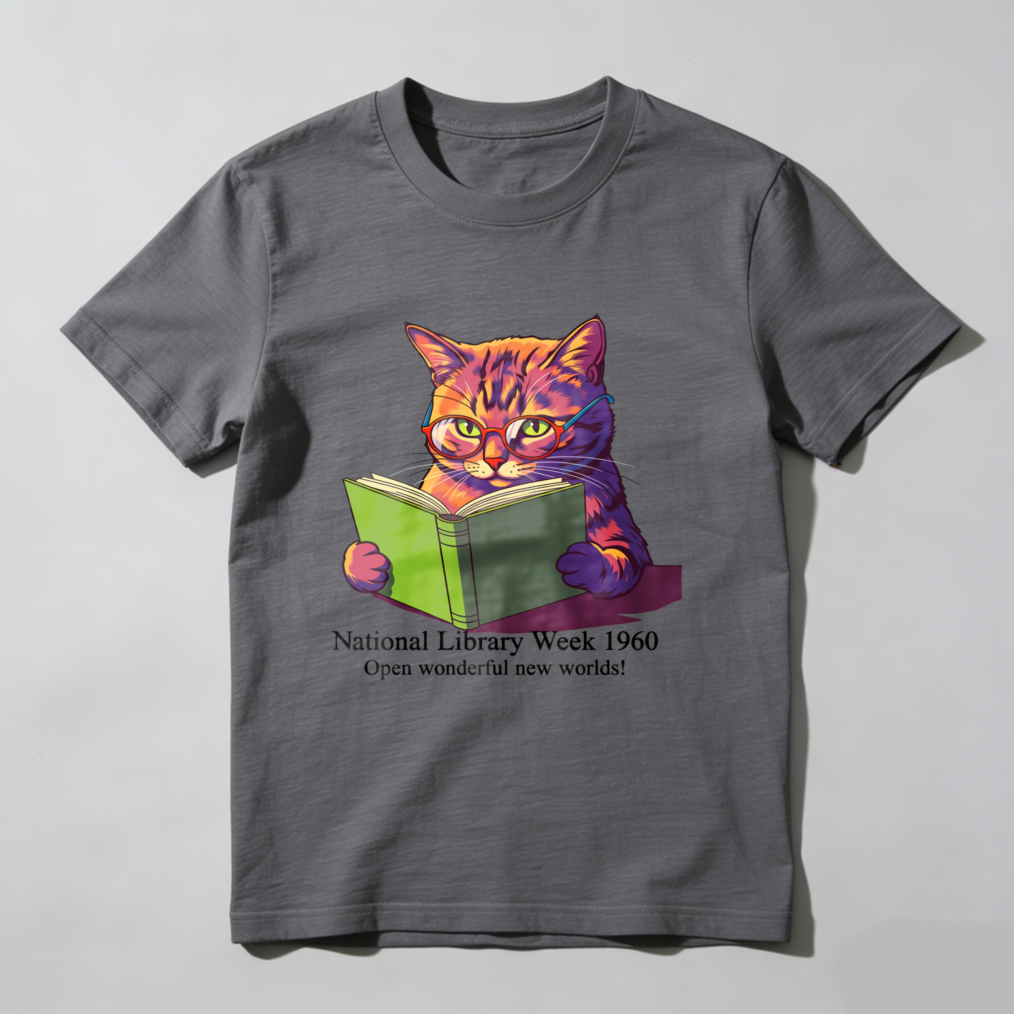 Wardrobecart Cat Reading Book National Library Week 1960 Tshirt 100% cotton