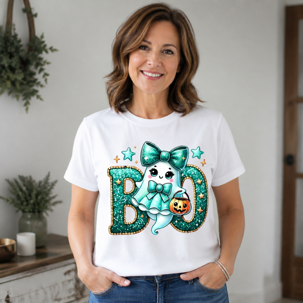 Glitter Teal Ghost with Bow Halloween T-Shirt 