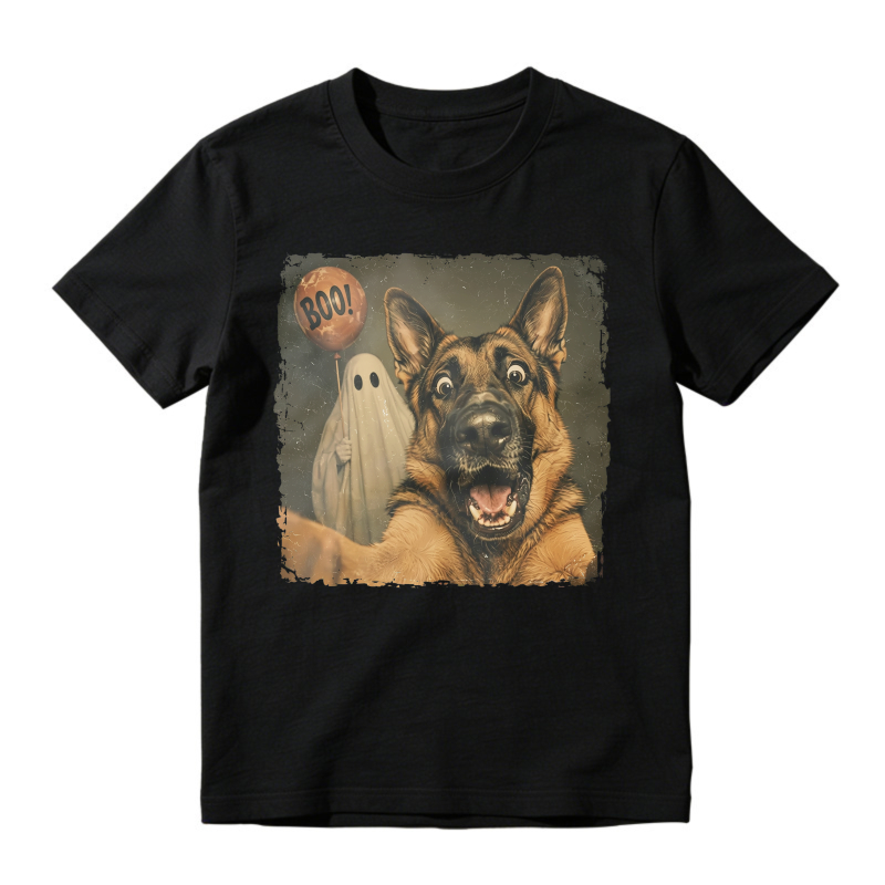 Halloween German Shepherd Dog With Ghost And Boo Balloon Funny Scared Puppy, Unisex Classic T-shirt