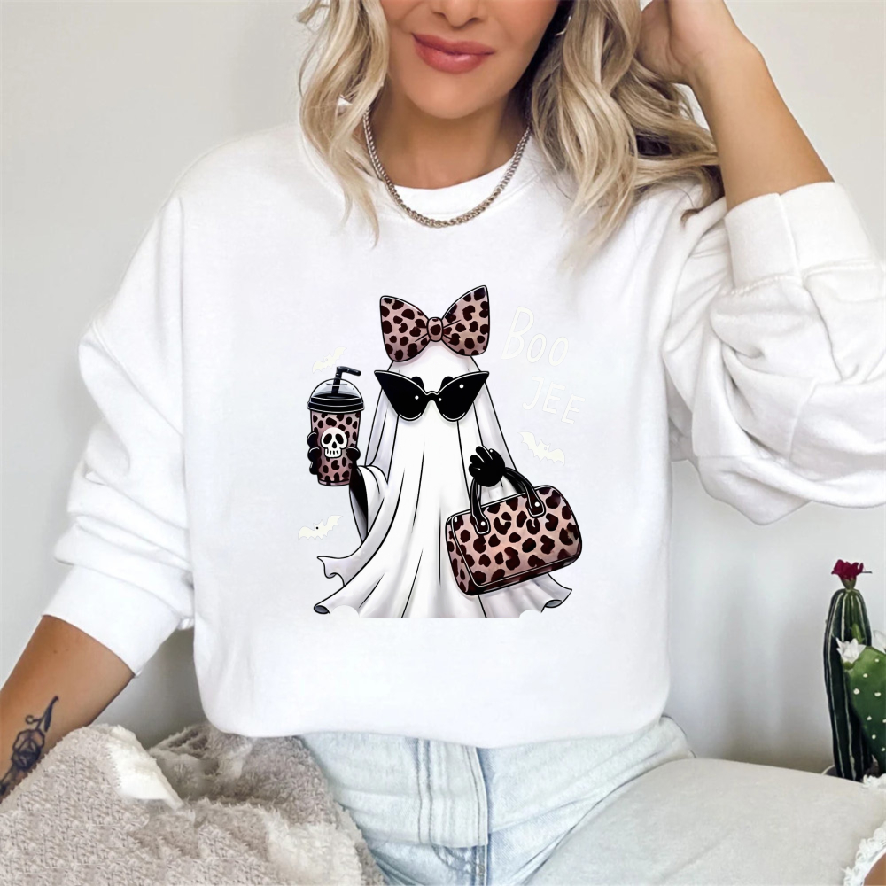 Cute Ghost With Leopard Bow Sunglasses And Coffee Cup Boo Jee Halloween Graphic Sweatshirt