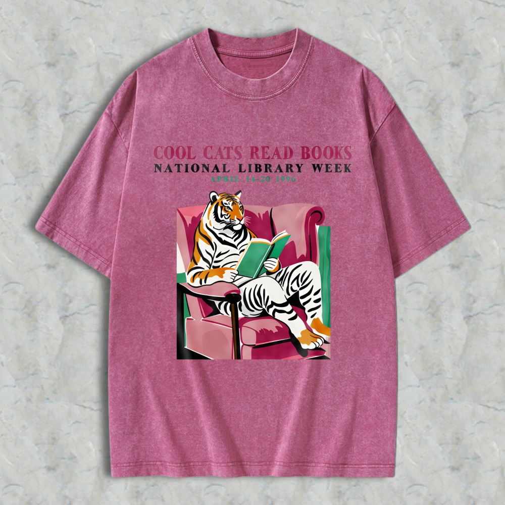 Wardrobecart Tiger Reading Book On Couch Cool Cats Read Books Unisex Washed T-shirt