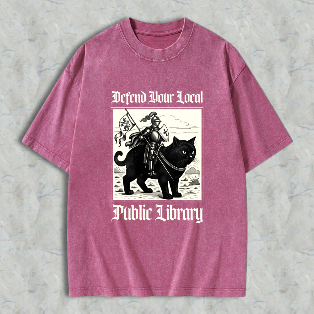 Wardrobecart Cat Knight Defend Your Local Public Library Unisex Washed T-shirt