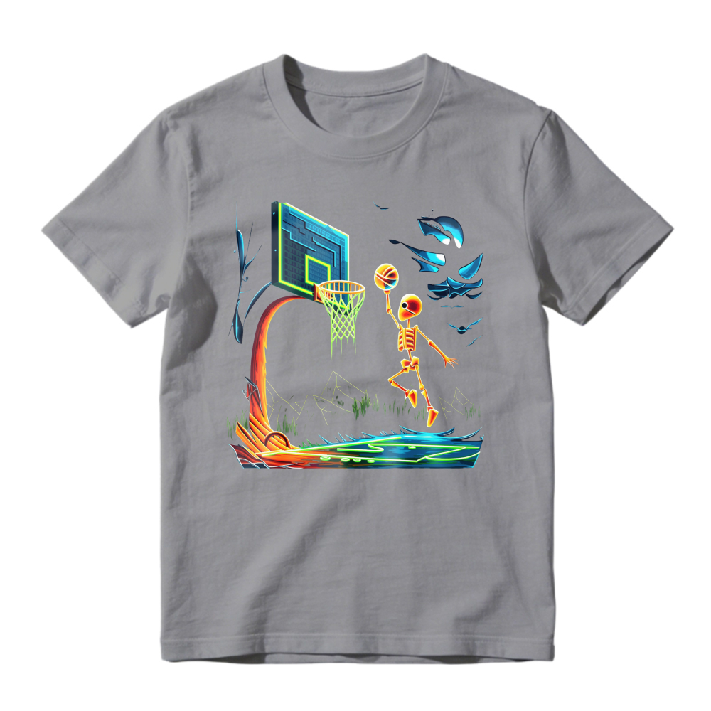 Skeleton Basketball Player Dunking Ball With Neon Hoop And Moon Unisex Classic T-shirt