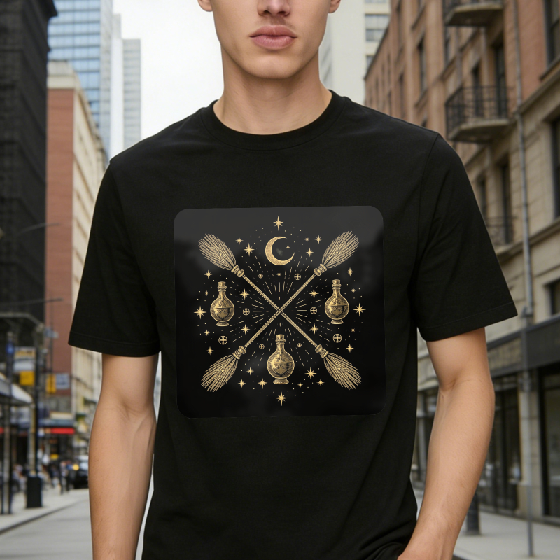 Crossed Brooms And Potion Bottles With Moon And Stars Magic Design, Unisex Classic T-shirt
