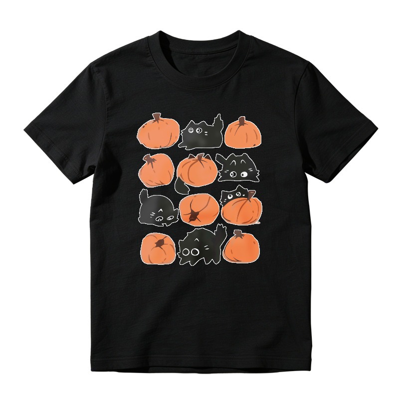 Cute Black Cats And Orange Pumpkins Grid Pattern, Unisex Classic T-shirt
