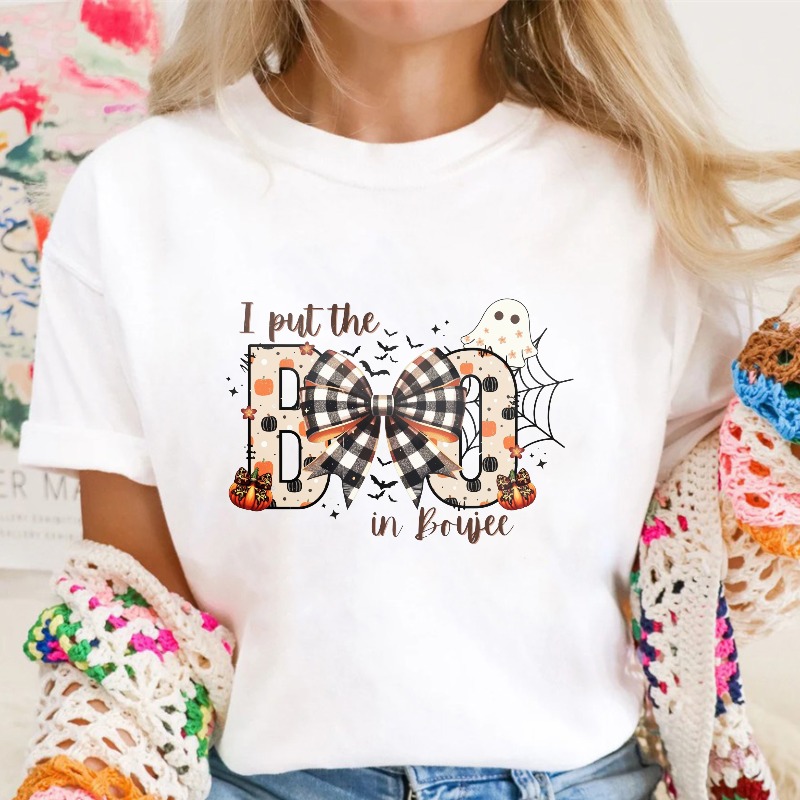 I Put The Boo In Boyee Halloween Ghost Pumpkin Plaid Bow, Unisex Classic T-shirt