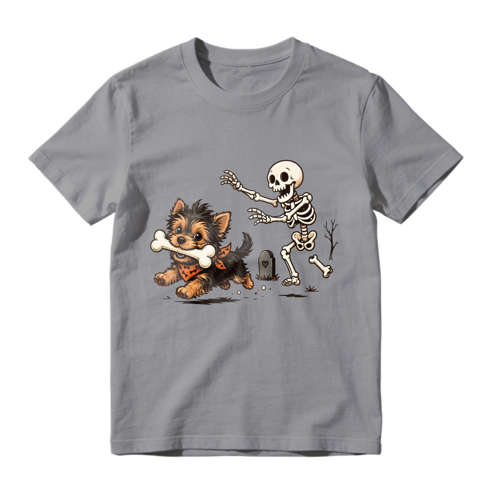 Cute Puppy Chasing Skeleton With Bone Halloween Cartoon Graphic, Unisex Classic T-shirt