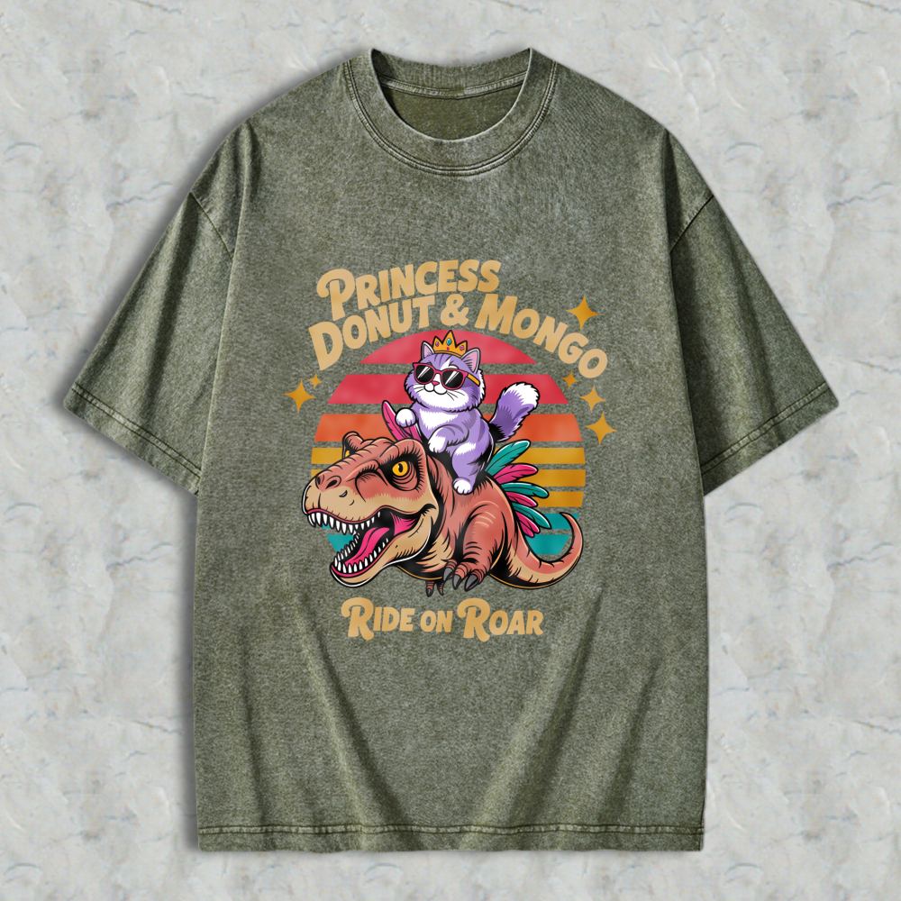 Wardrobecart Princess Donut And Mongo Ride On Roar Cat Riding Dinosaur Vintage Sunset Design Unisex Washed T-shirt