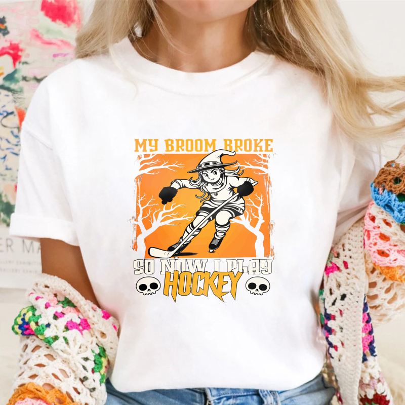 My Broom Broke So Now I Play Hockey Skeleton Witch Halloween Unisex Classic T-shirt