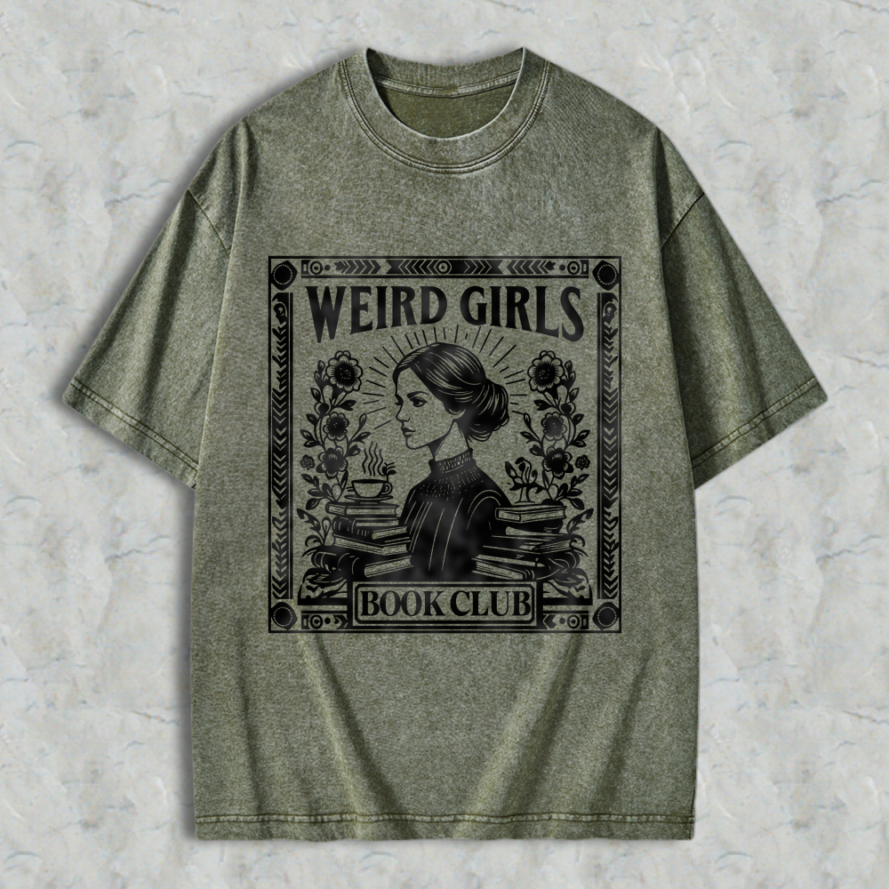 Wardrobecart Weird Girls Book Club Vintage Style Woman Reading With Books And Coffee Unisex Washed T-shirt