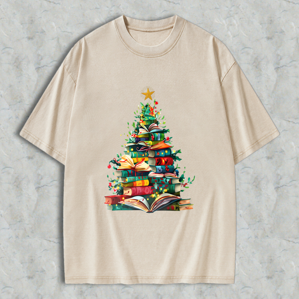 Wardrobecart Christmas Tree Made Of Books Unisex Washed T-shirt