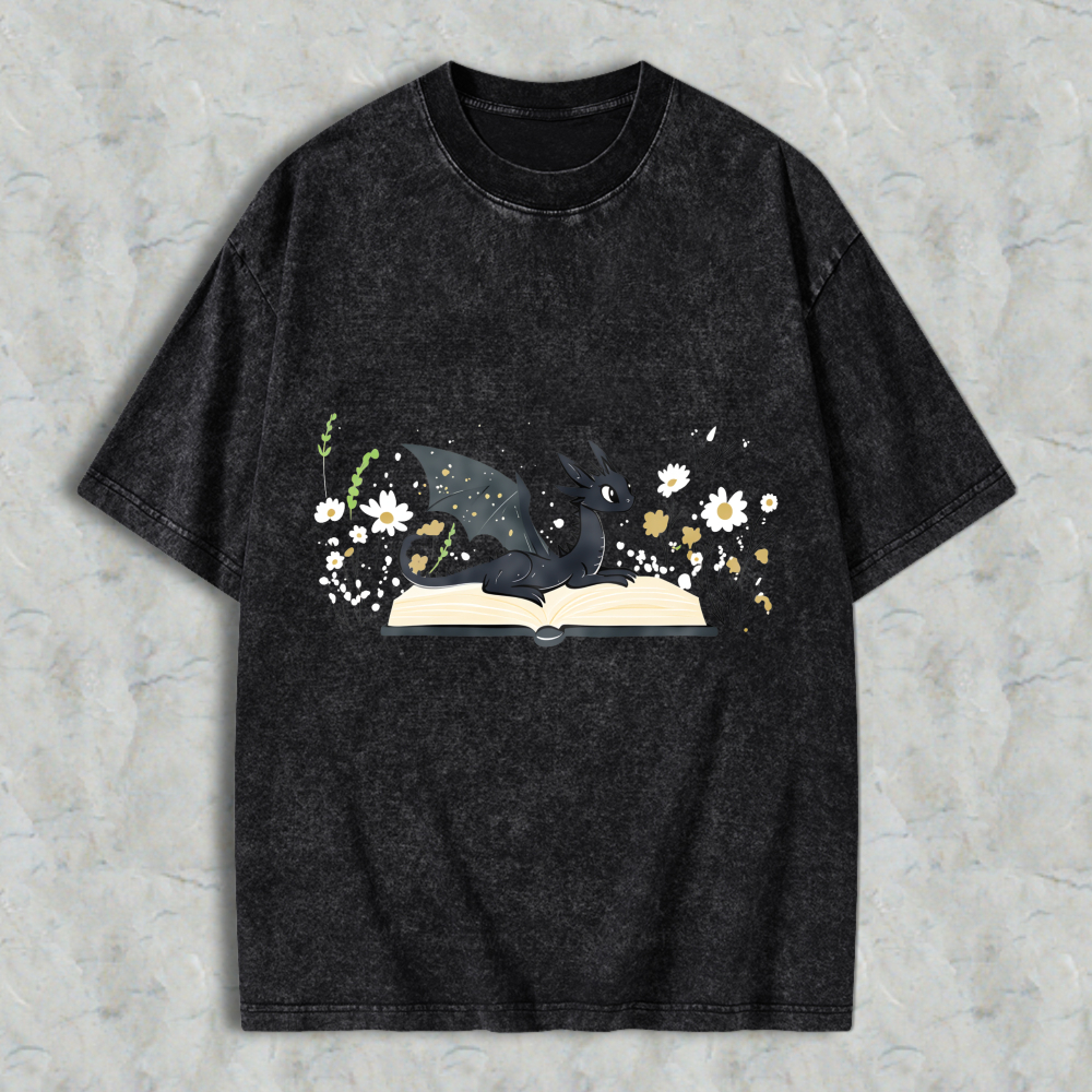 Wardrobecart Dragon Reading Book With Flowers Unisex Washed T-shirt