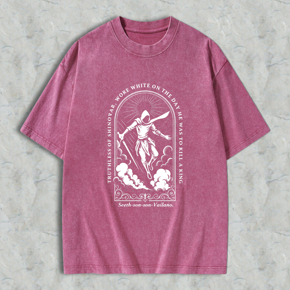 Wardrobecart Reaper With Sword And Scythe Standing On Clouds In Arch Design With Quote Truthless Of Sinovar Wore White On The Day He Was To Kill A King Seeth Son Son Vailano Unisex Washed T-shirt