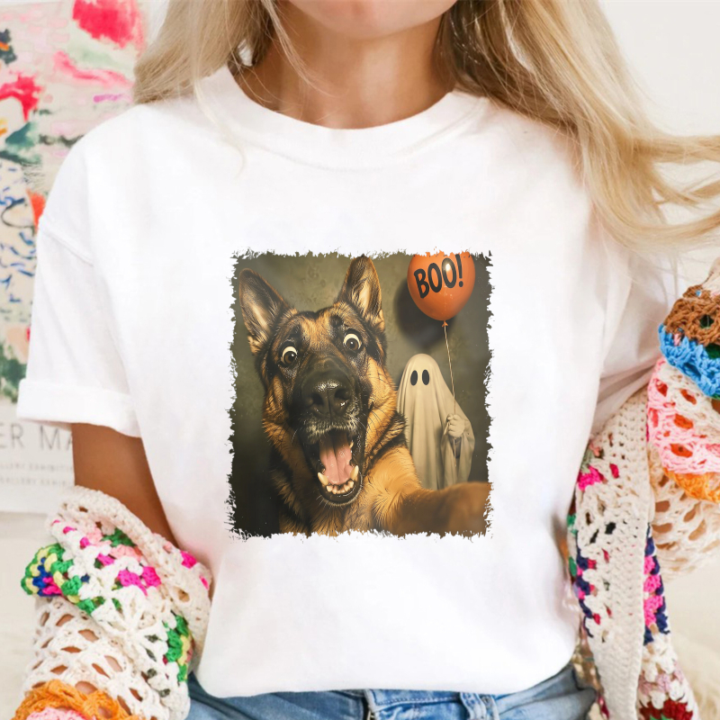 German Shepherd Dog With Ghost And Boo Balloon Halloween Unisex Classic T-shirt