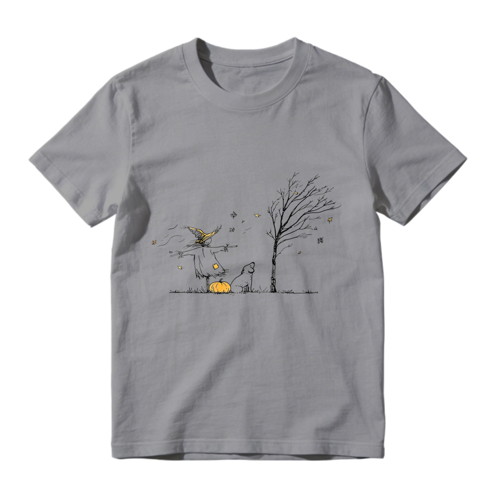 Scarecrow With Cat And Pumpkin Under Bare Tree Autumn Scene, Unisex Classic T-shirt