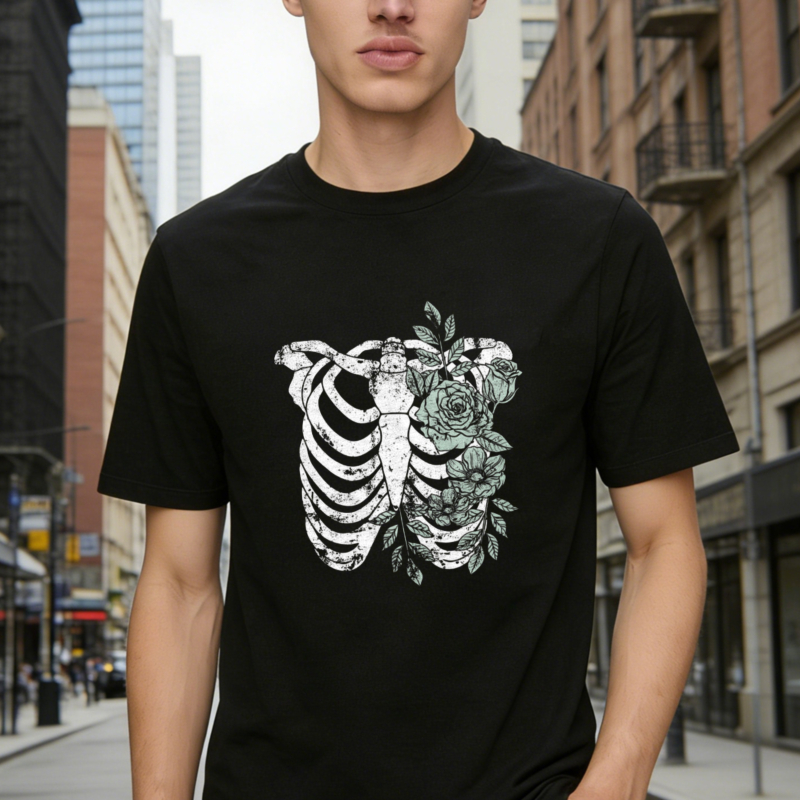 Rib Cage With Roses And Leaves Floral Skeleton Graphic T-shirt