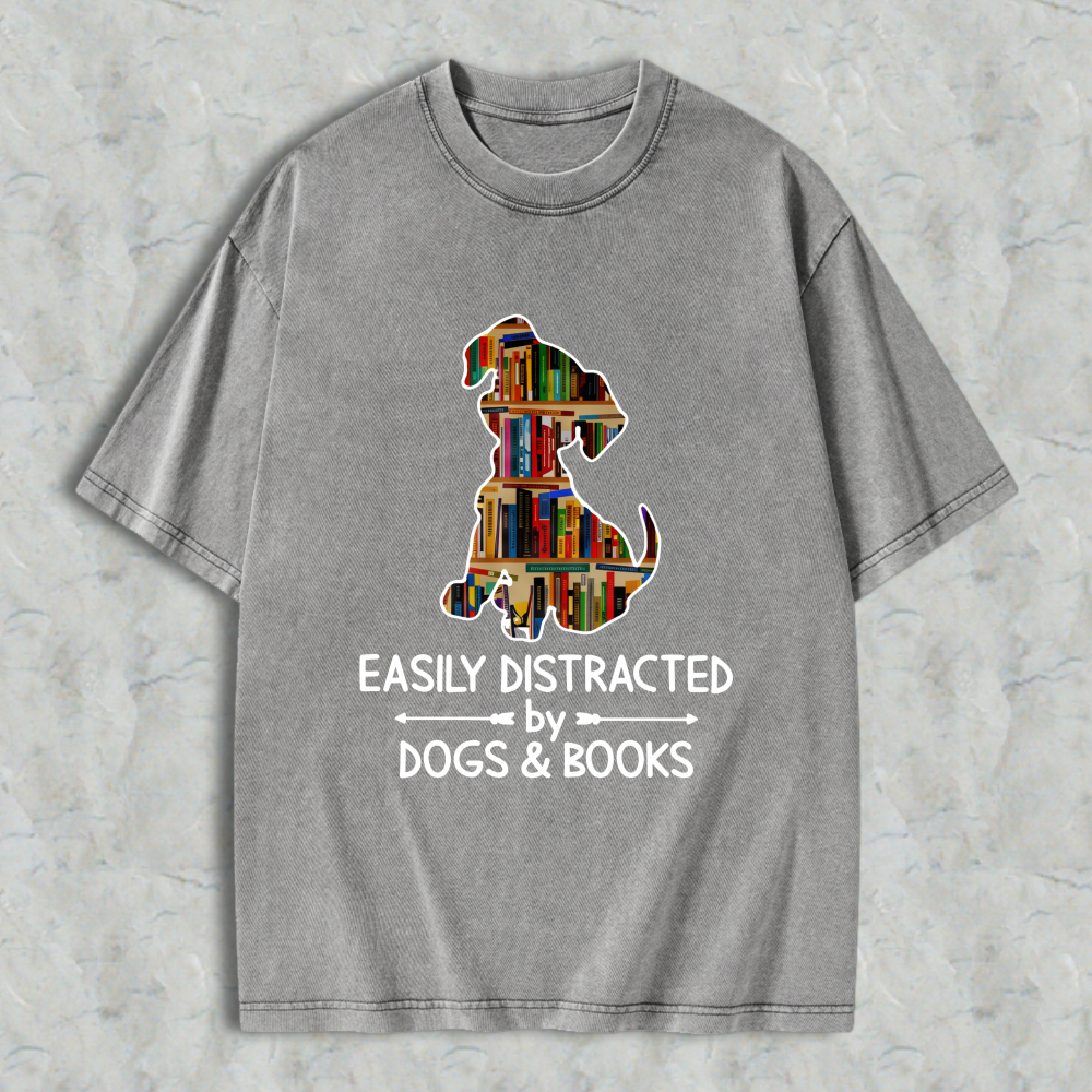 Wardrobecart Dog And Books Pattern Easily Distracted By Dogs And Books Unisex Washed T-shirt
