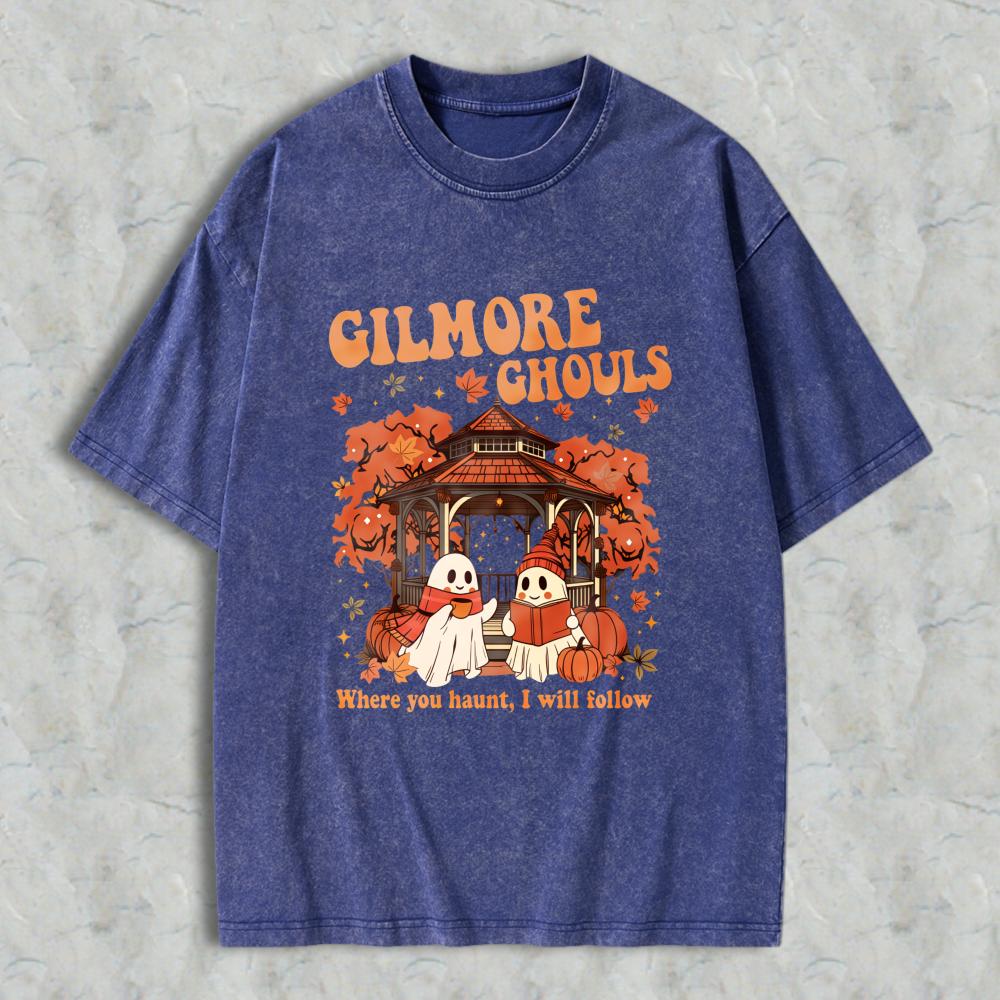 Wardrobecart Gilmore Ghouls Halloween Ghosts And Pumpkin House Design Unisex Washed T-shirt