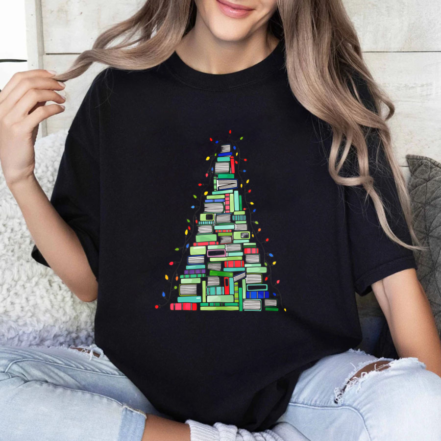 Wardrobecart Books Stacked Into Christmas Tree Shape Tshirt