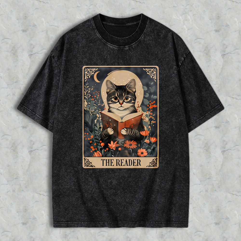 Wardrobecart Cat Reading Book With Flowers And Moon The Reader Unisex Washed T-shirt