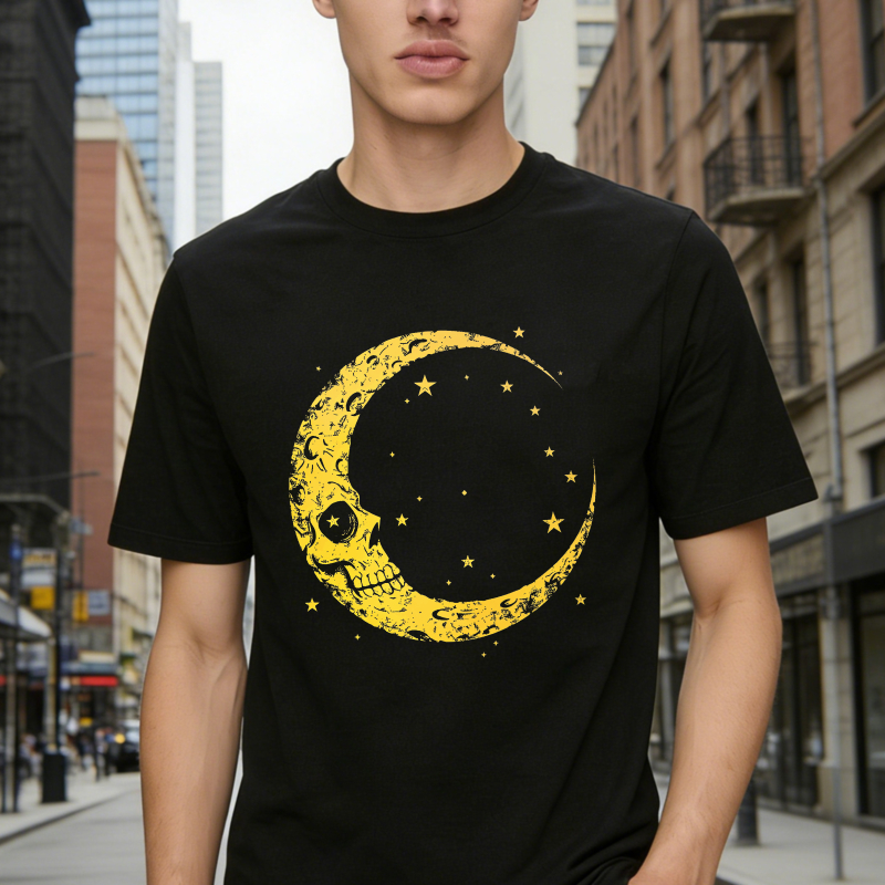 Yellow Crescent Moon Skull And Stars Graphic, Unisex Classic T-shirt