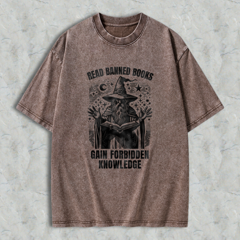Wardrobecart Read Banned Books Gain Forbidden Knowledge Wizard With Open Book And Stars Unisex Washed T-shirt